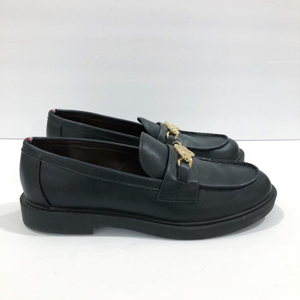 Tommy Hilfiger Terina Black Loafers Gold Chain Logo Flats - Picture 2 of 10